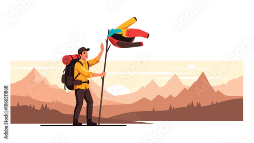Happy Hiker Reaching a Mountain Top Victory with Clothes as a Flag