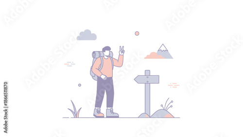 Happy Hiker Reaching Destination With Backpack and Making Peace Sign