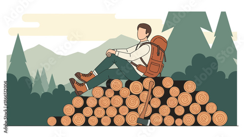 Hiker Resting On A Pile Of Logs In The Forest After A Long Day
