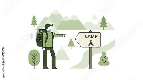 Hiker Seeking Adventure Navigating Towards Campground In Nature Destination