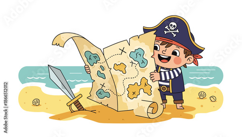 Happy Little Pirate With Treasure Map On A Sandy Beach Adventure
