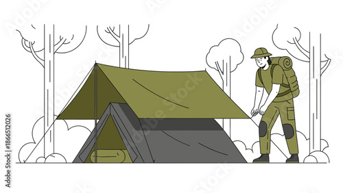 Hiker Setting Up Camping Tent in Forest Adventure Preparation Outdoor Recreation