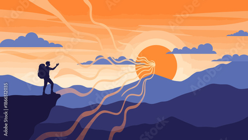 Hiker Silhouette Enjoying Majestic Mountain View Under Colorful Sunset Sky