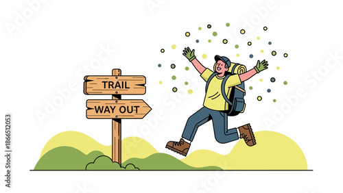 Happy Man Hiker Jumping near a Trail Sign Symbolizing Adventure and Outdoor Exploration