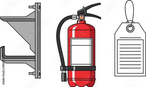 Fire extinguisher vector illustration with wall mount bracket and safety inspection tag, isolated flat design for emergency equipment signage, icons, posters