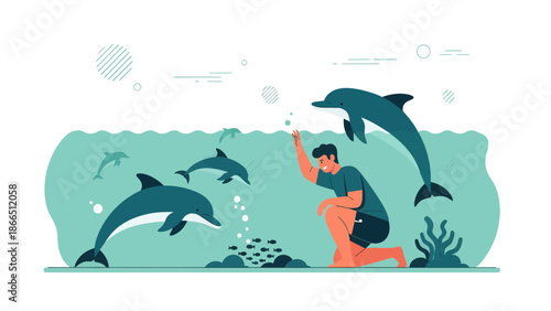 Happy Man Interacting With Dolphins in a Captivating Underwater Scene