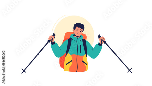 Happy Man On Adventure Hike Using Walking Poles With A Backpack Travel Concept