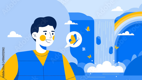 Happy Man Nature With Waterfall And Butterfly Cartoon Flat Illustration