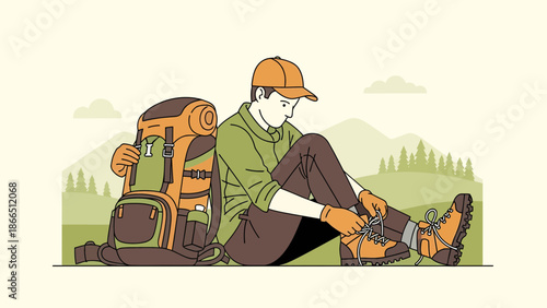 Hiker Taking A Break To Tie Shoelaces Before Continuing Trekking Expedition