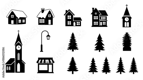 Illustrations of houses and nature isolated on white background, Vector
