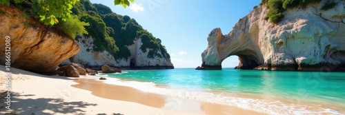 Sun-drenched Cathedral Cove beach, pristine sands, turquoise water, summer serenity, photography, view