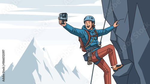 Happy Man Recording Himself Rock Climbing Adventure During Beautiful Sunny Day