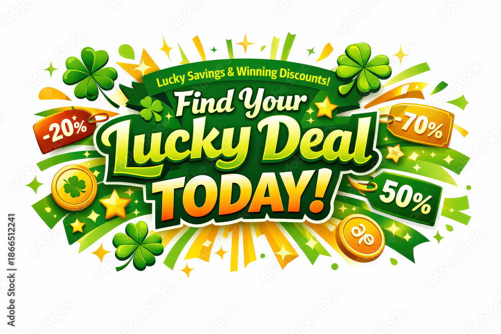 Fototapeta premium Lucky Savings Banner. Modern holiday banner with short greeting slogan, vibrant luck-themed sale banner highlighting lucky savings