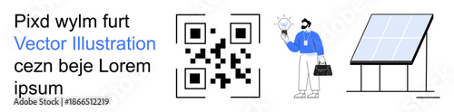 Renewable energy, technology innovation, sustainability solutions, green tech, business ideas, modern science. QR code, solar panel person holding light bulb. Renewable energy and technology