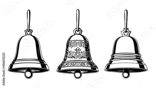 Three decorative bells hanging isolated on white background, Vector