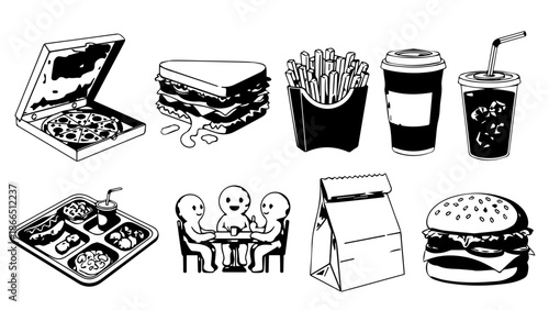 Assorted fast food items isolated on white background, Vector