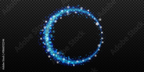 Crescent moon shape created from blue particles with glitter glow. Celestial overlay with sparkling stardust and magical bokeh effects. Stock vector illustration in night sky style.