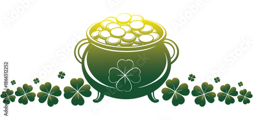 Cast iron pot with gold coins amd clovers on transparent background for St. Patrick's Day