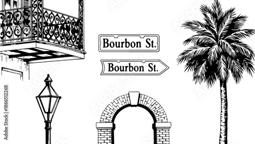 Bourbon street signs and landmarks isolated on white background, Vector