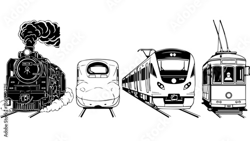 Various types of trains on tracks isolated on white background, Vector