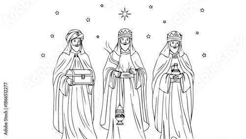 Three kings present gifts isolated on white background, Vector