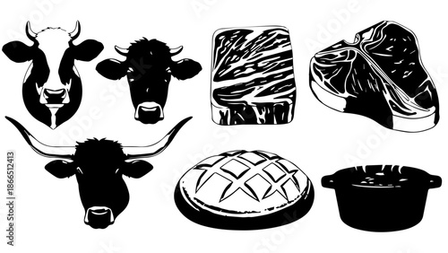 Collection of cow silhouettes and patterns isolated on white background, Vector