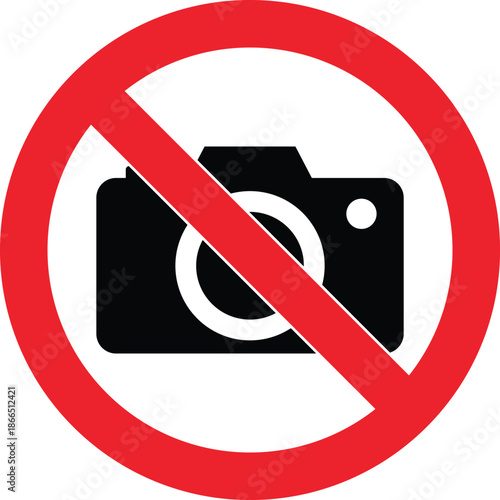Red circle with diagonal line over black camera icon no photography symbol camera forbidden no camera allowed