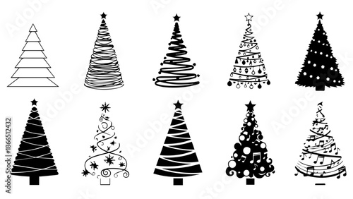 Collection of unique christmas trees isolated on white background, Vector