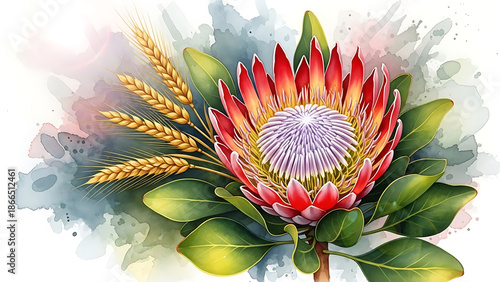 Vibrant watercolor illustration of a Protea flower with golden wheat stalks a botanical composition representing South African flora and harvest themes