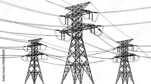 High voltage power transmission towers line art illustration with overhead electric cables, industrial energy infrastructure silhouette vector isolated on white background
