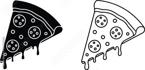 Pizza slice silhouettes with dripping cheese and pepperoni toppings representing fast food, Italian cuisine, menu icons, and black and white vector illustration
