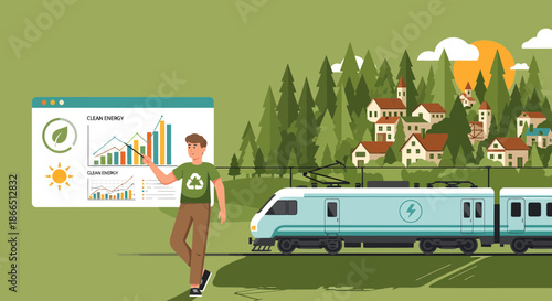 EcoFriendly Transportation Man Presenting Sustainable Train Data.