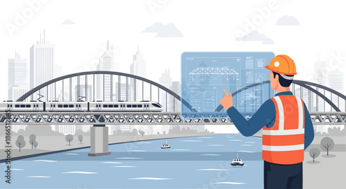 Construction Engineer Inspecting Bridge Blueprint with Train Crossing.