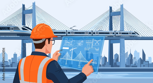 Engineer Inspecting Bridge Blueprint with Train and Cityscape.