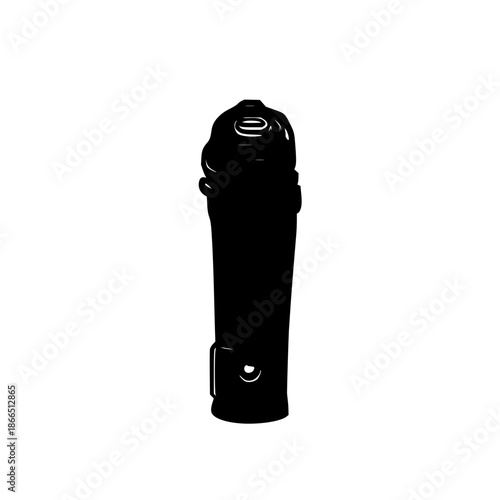 Minimalist rechargeable flashlight in black line art on stark white background, clean vector illustration for product design and branding