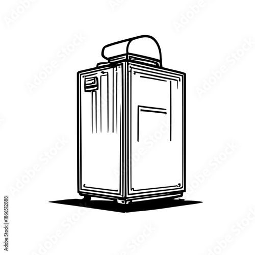 Minimalist portable outdoor power station vector illustration in black line art on white background, compact energy storage for camping.