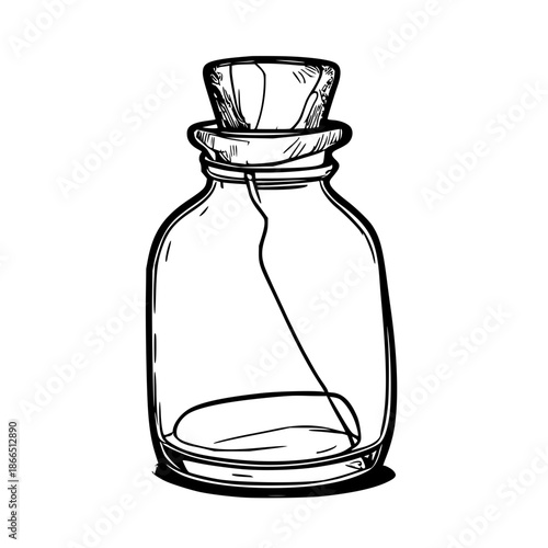 Minimalist glass carafe with wooden stopper in clean black line art on stark white background, modern vector illustration for kitchen branding