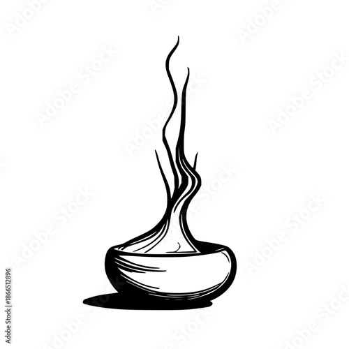 Minimalist black line art illustration of a ceramic incense waterfall burner on stark white background – clean vector design for modern Zen decor