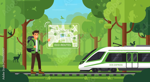 Hiker with Backpack and Train in Forest with Map.