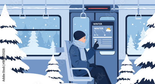 Man on Winter Train Journey Checking Weather Forecast.