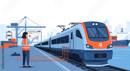 Modern Electric Train and Engineer at Port.