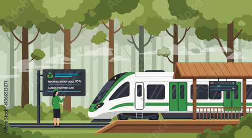 Modern Train at Station with Passenger and Information Board.