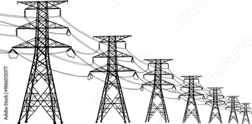 High voltage power transmission towers row vector illustration with overhead electrical lines, steel lattice pylons perspective for industrial energy infrastructure design