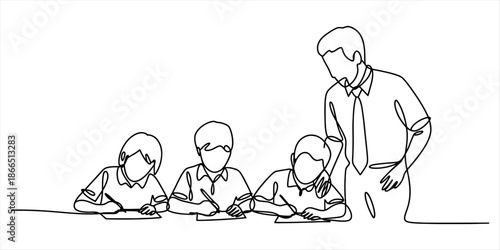 A continuous line art representation of a teacher guiding students during school work Vector, illustration