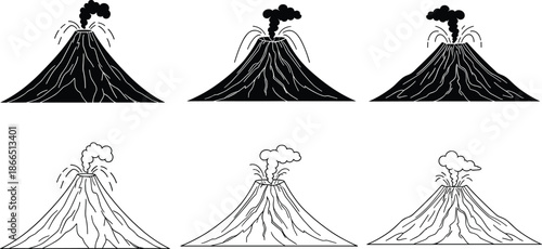 Volcano eruption silhouettes collection showing lava flow, ash clouds, and explosive mountain activity in black and white vector illustration set