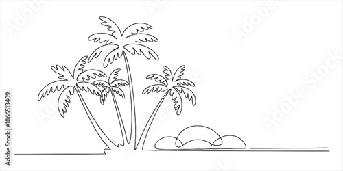 Minimalist continuous line drawing depicting a group of palm trees on a small tropical beach Vector, illustration