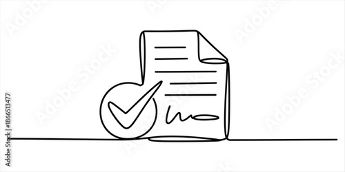 A continuous one line drawing depicting an approved contract or completed legal document with a checkmark Vector, illustration
