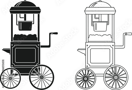 Vintage popcorn machine cart silhouette and outline illustration set, classic carnival snack equipment design, black and white vector isolated
