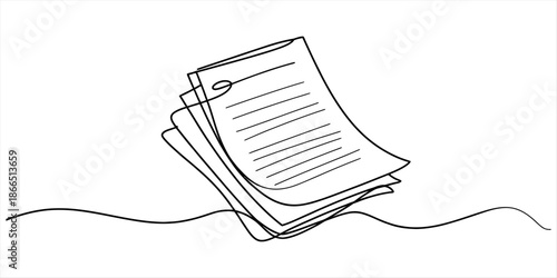 Continuous line art drawing of a stack of papers or documents representing documentation flow Vector, illustration