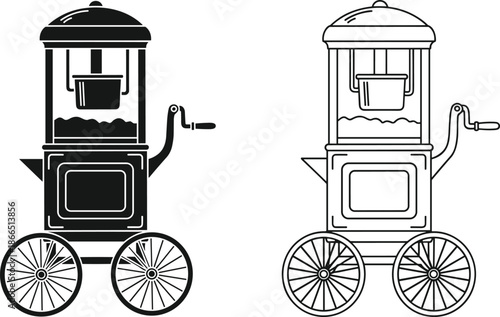 Vintage popcorn machine cart silhouettes featuring classic cinema snack equipment for carnival, movie theater, street food, and retro entertainment vector illustration